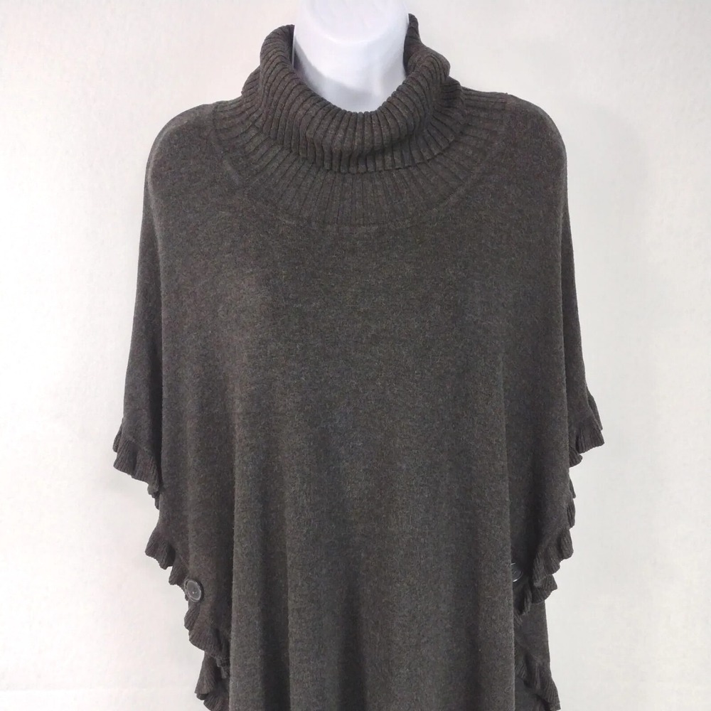 Joseph A. Women's L Turtleneck Sweater Poncho Ruffle Hem Buttons Rayon Charcoal